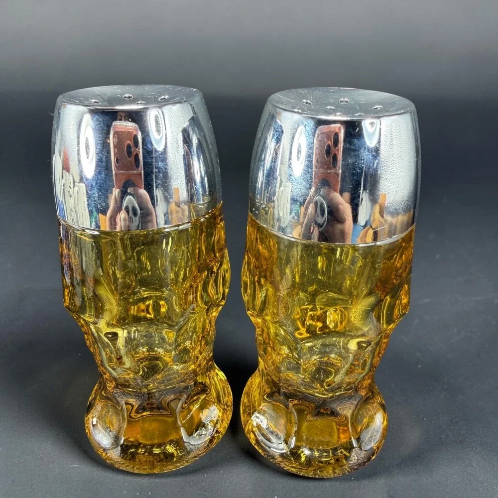 Anchor Hocking Amber Glass Salt and Pepper Shakers Chrome Tops Mid Century